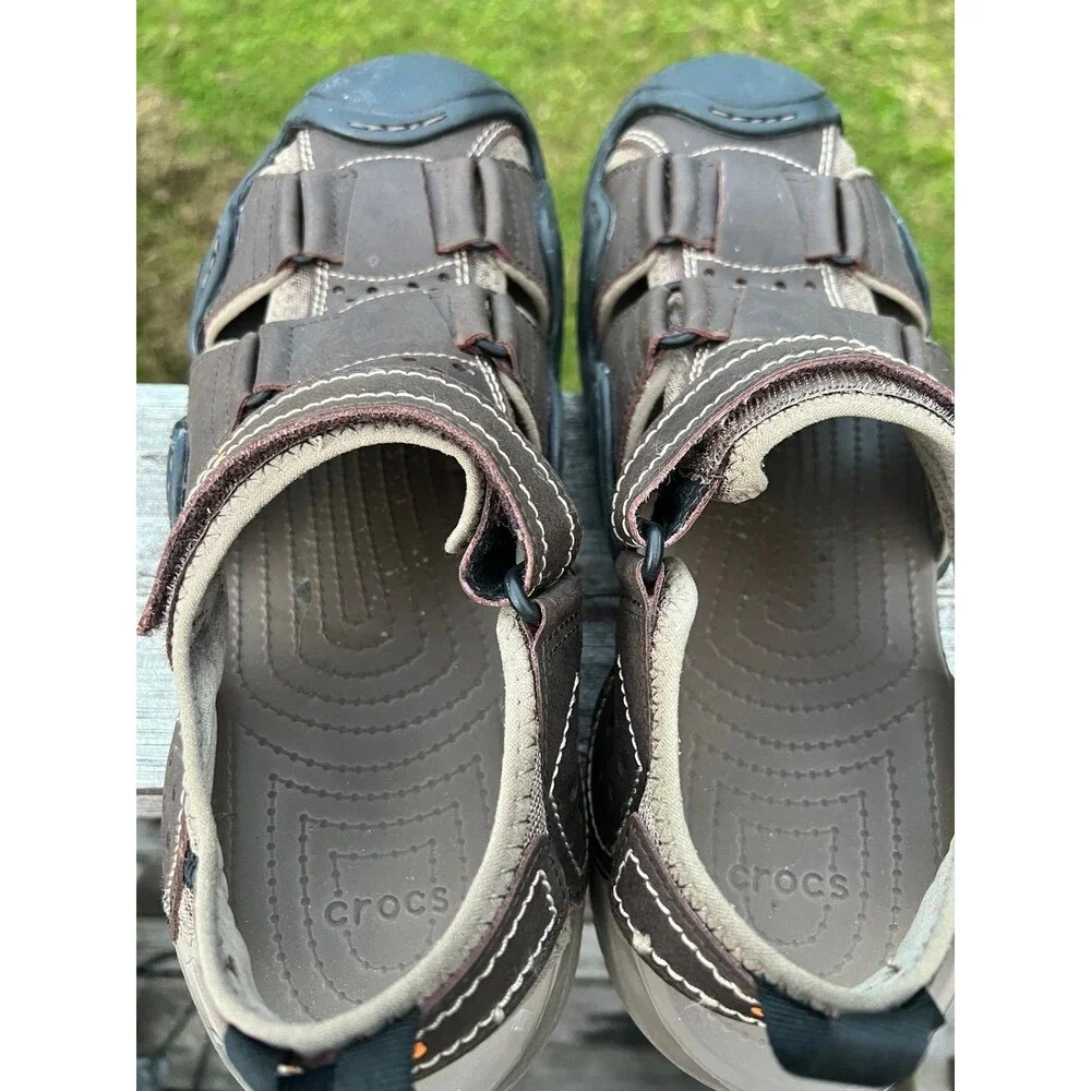 Crocs Swiftwater Fisherman Sandals Mens Sz 12 Brown Leather 204562 Hiking Trail